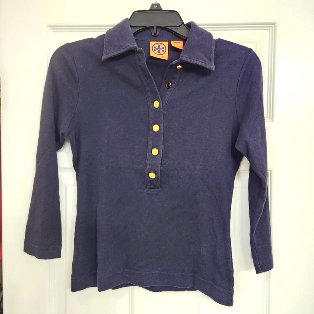 Tory Burch XS 3/4 Length Sleeve Navy Polo Top